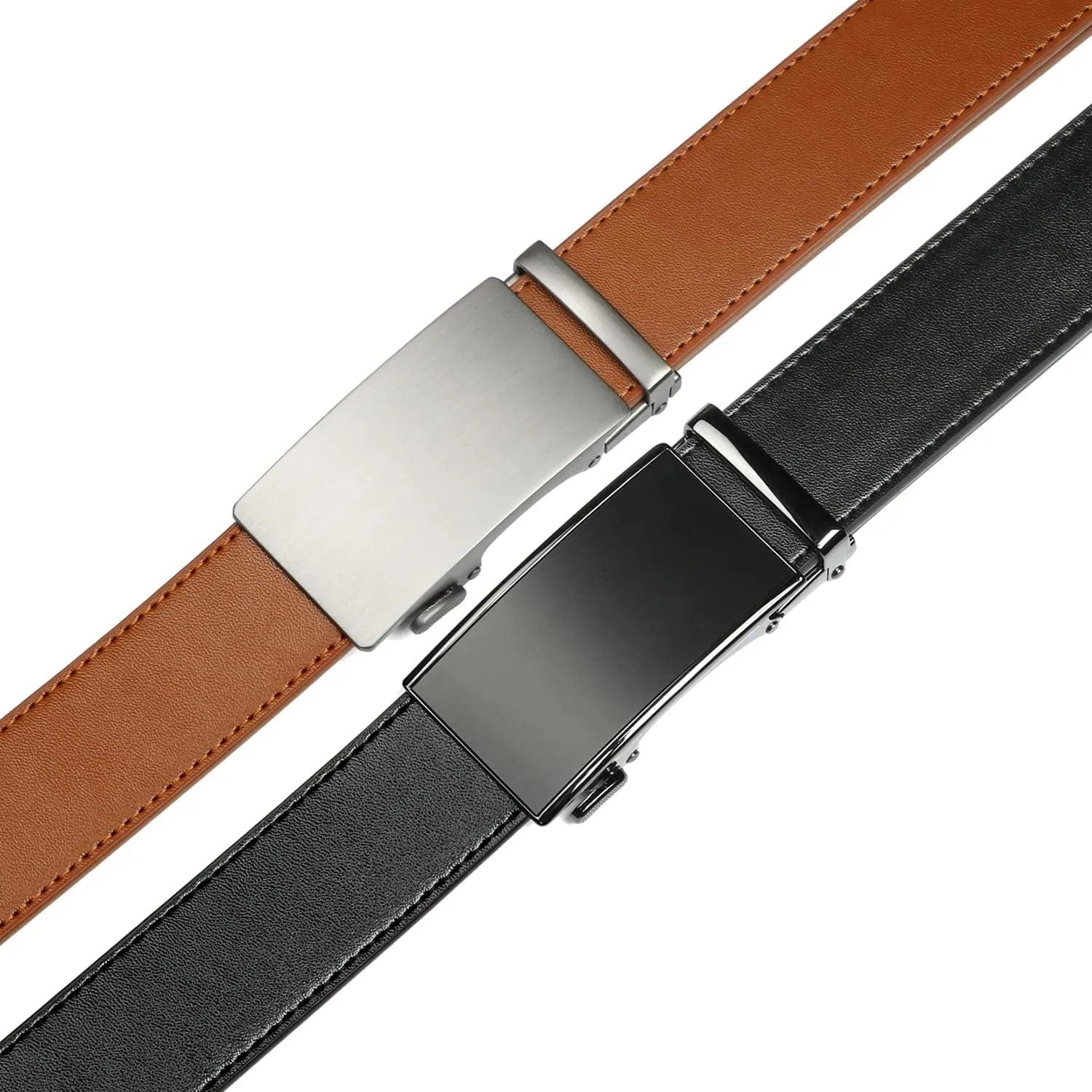 2 Pack Ratchet Belt 1 3/8", Mens leather Dress Belt in Gift Set Size 28"-62" Adjustable waist Trim to Fit