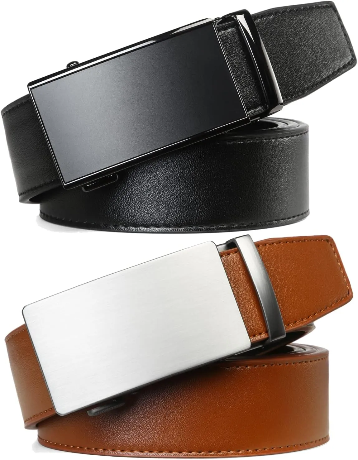 2 Pack Ratchet Belt 1 3/8", Mens leather Dress Belt in Gift Set Size 28"-62" Adjustable waist Trim to Fit