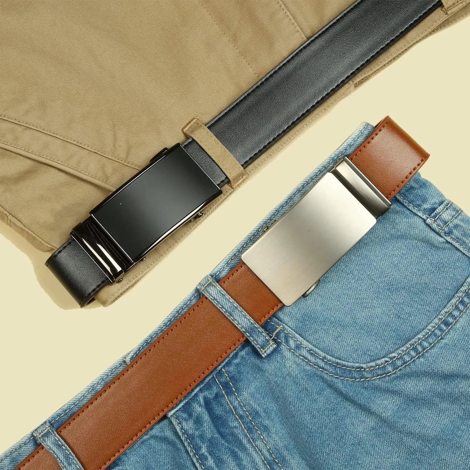 2 Pack Ratchet Belt 1 3/8", Mens leather Dress Belt in Gift Set Size 28"-62" Adjustable waist Trim to Fit