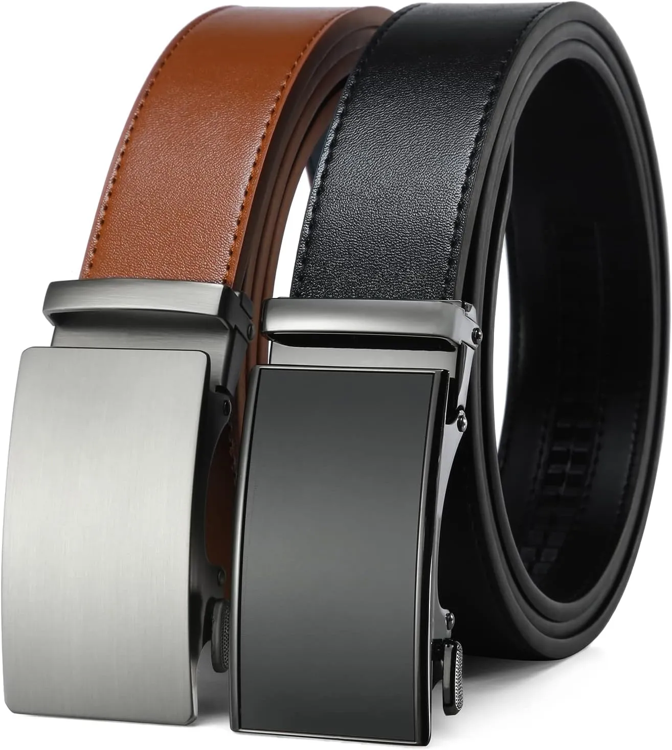 2 Pack Ratchet Belt 1 3/8", Mens leather Dress Belt in Gift Set Size 28"-62" Adjustable waist Trim to Fit