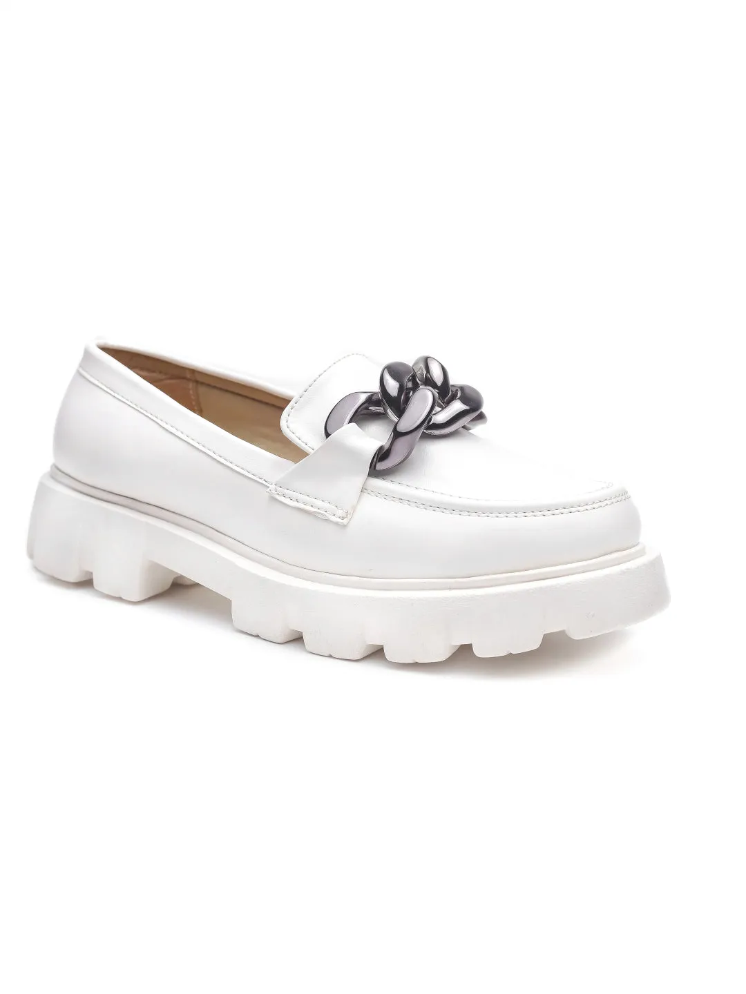 Brauch White Solid Embellished Loafer Shoe