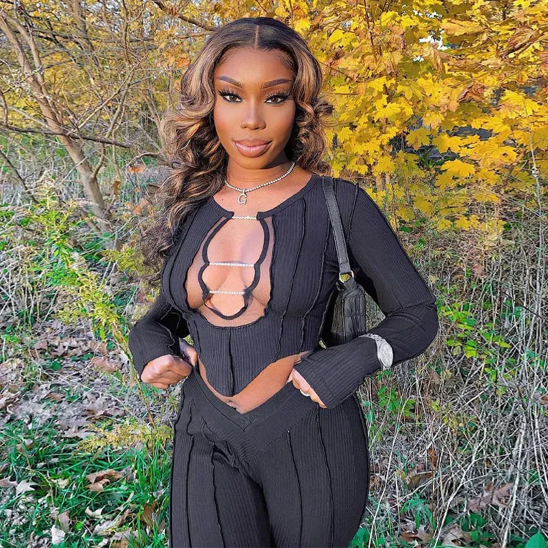 Casual Knit Ribbed Two Piece Set | Women's Sheer Mesh Crop Top and Leggings Suit | Fitness and Lounge Wear