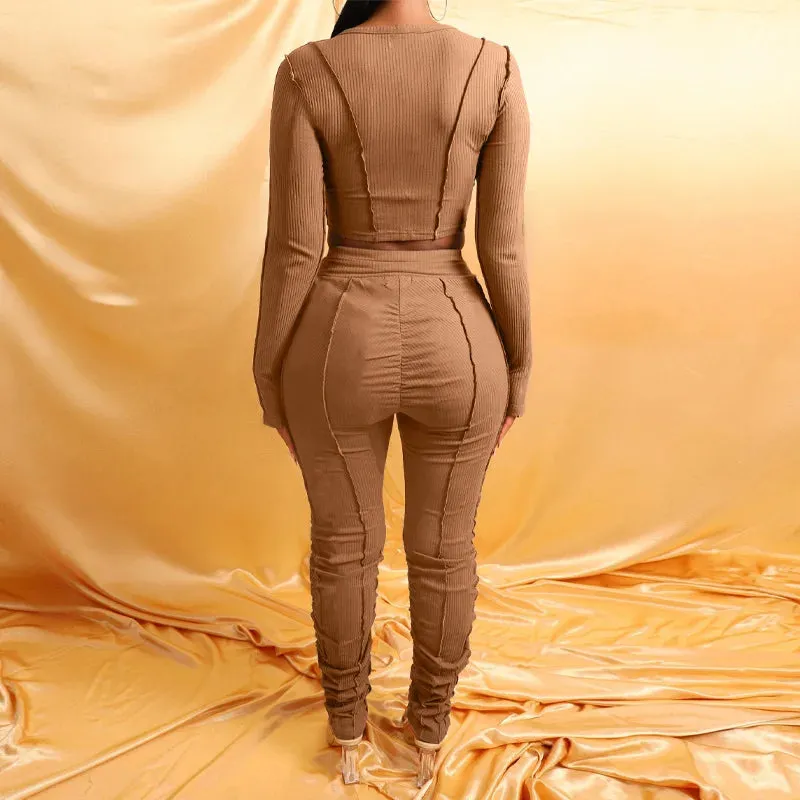 Casual Knit Ribbed Two Piece Set | Women's Sheer Mesh Crop Top and Leggings Suit | Fitness and Lounge Wear