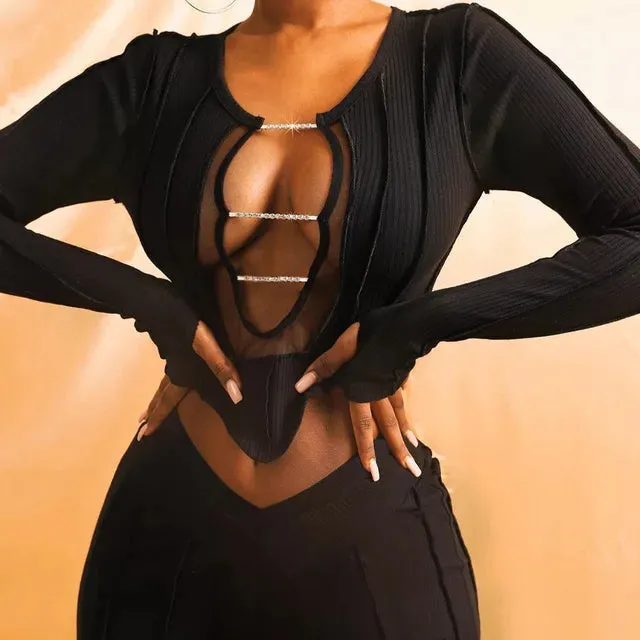 Casual Knit Ribbed Two Piece Set | Women's Sheer Mesh Crop Top and Leggings Suit | Fitness and Lounge Wear