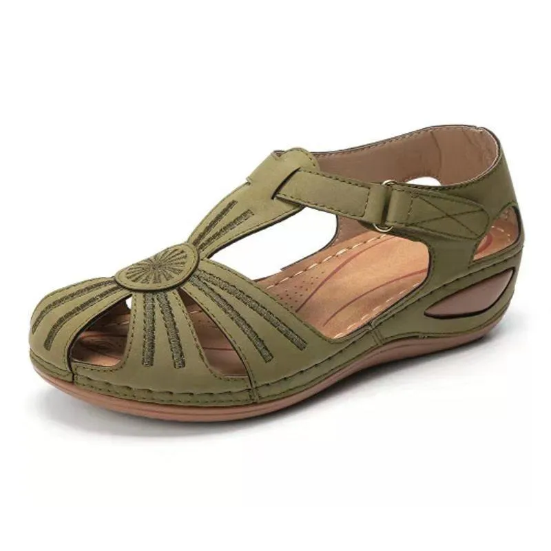 Chicvane Cut Out Velcro Closure Leather Wedge Sandals