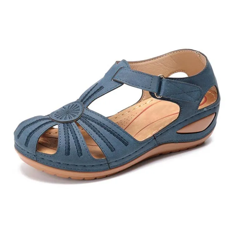 Chicvane Cut Out Velcro Closure Leather Wedge Sandals