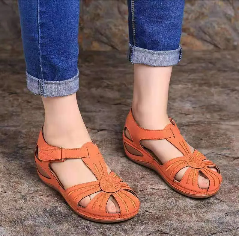 Chicvane Cut Out Velcro Closure Leather Wedge Sandals