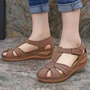 Chicvane Cut Out Velcro Closure Leather Wedge Sandals