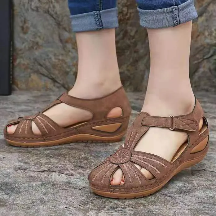 Chicvane Cut Out Velcro Closure Leather Wedge Sandals