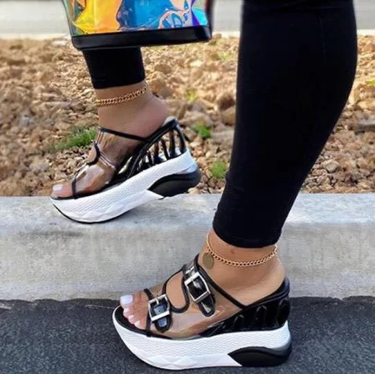 Chicvane Transparent Open Toe Wedge Sandals Slides Shoes