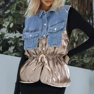 Cool Denim Collar Button Down Deconstructed Hybrid Metallic Puffer Vest - Gold