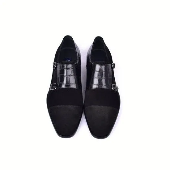 Corrente C00017-6433 Men's Shoes Black Crocodile Print / Suede Leather Double Monk-Straps Loafers (CRT1490)