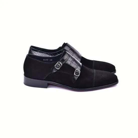 Corrente C00017-6433 Men's Shoes Black Crocodile Print / Suede Leather Double Monk-Straps Loafers (CRT1490)