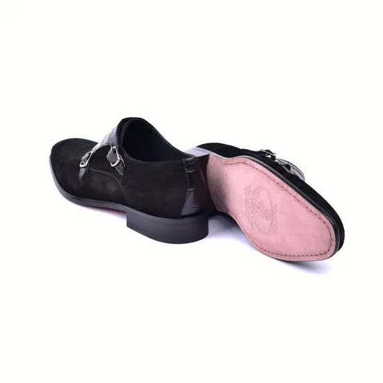 Corrente C00017-6433 Men's Shoes Black Crocodile Print / Suede Leather Double Monk-Straps Loafers (CRT1490)