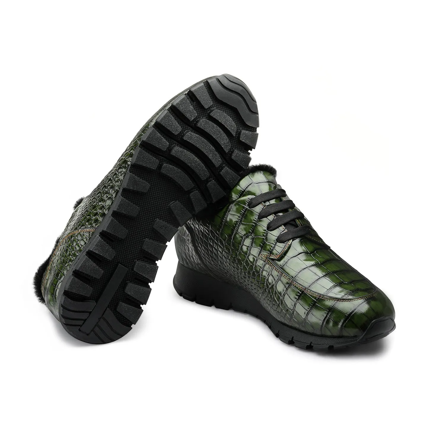 Dark Green Glossy Leather Croc-Print Insulated Sneakers