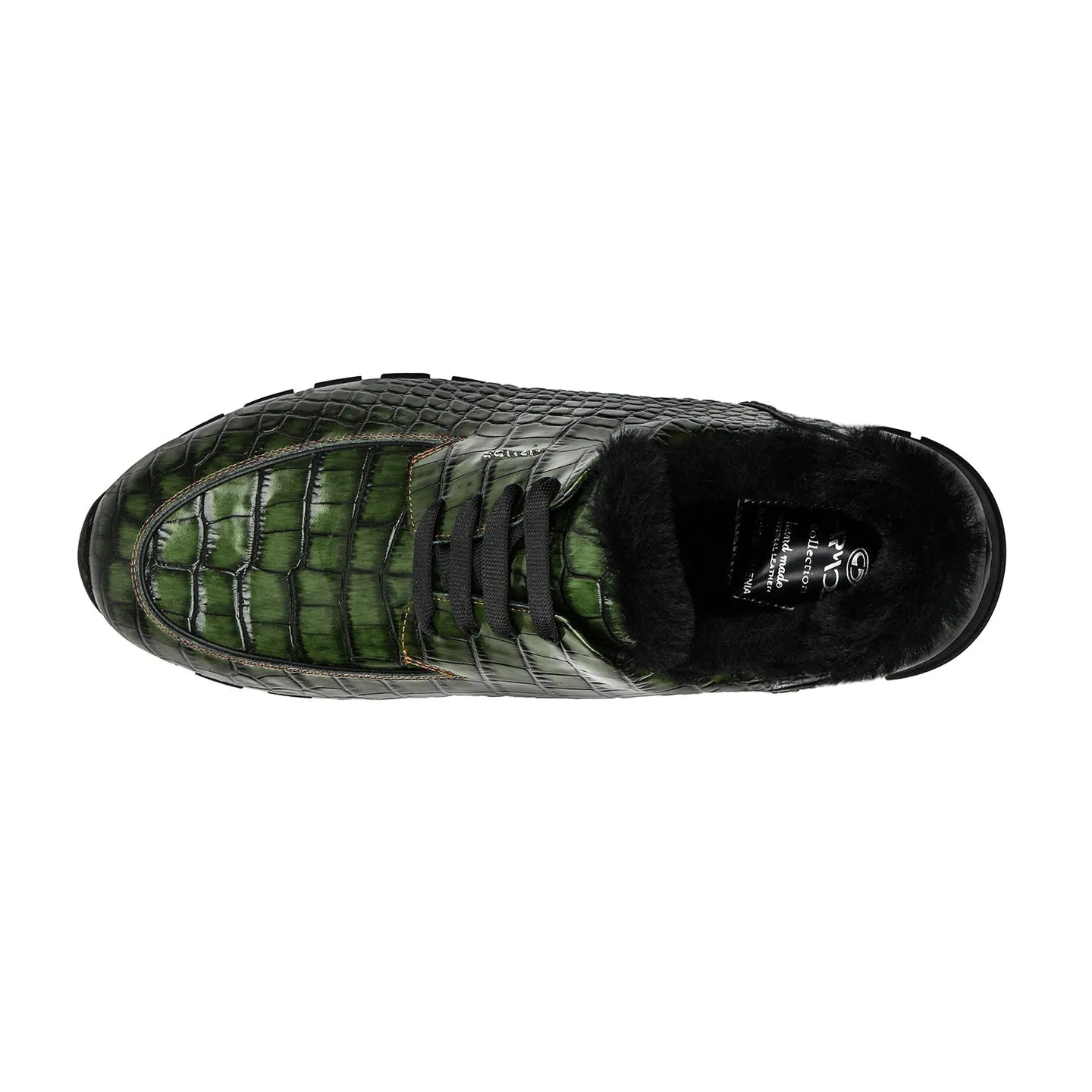 Dark Green Glossy Leather Croc-Print Insulated Sneakers