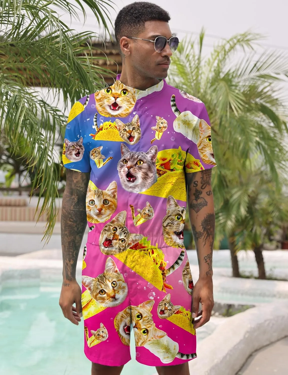 Goodstoworld Male Hawaiian Romper Fashion Zipper Slim Fit Jumpsuit with Pocket S-XXL