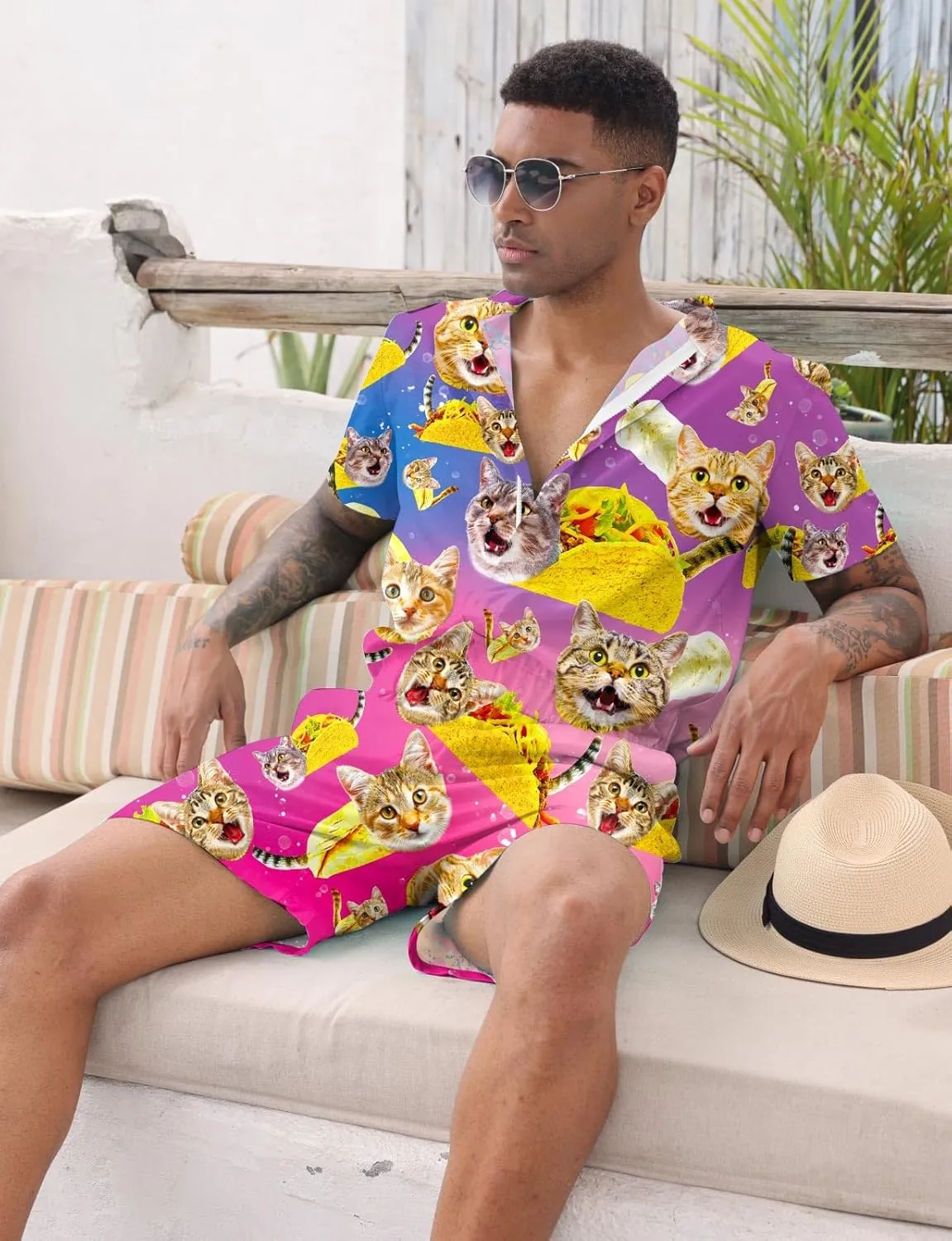 Goodstoworld Male Hawaiian Romper Fashion Zipper Slim Fit Jumpsuit with Pocket S-XXL