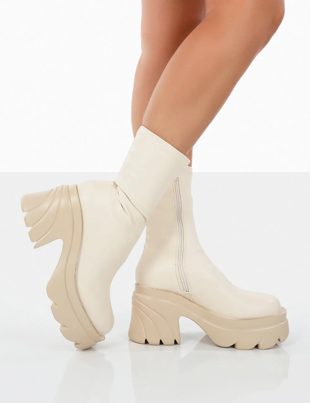 Jennie Ecru Pu Platform Chunky Sole Heeled Ankle Boots