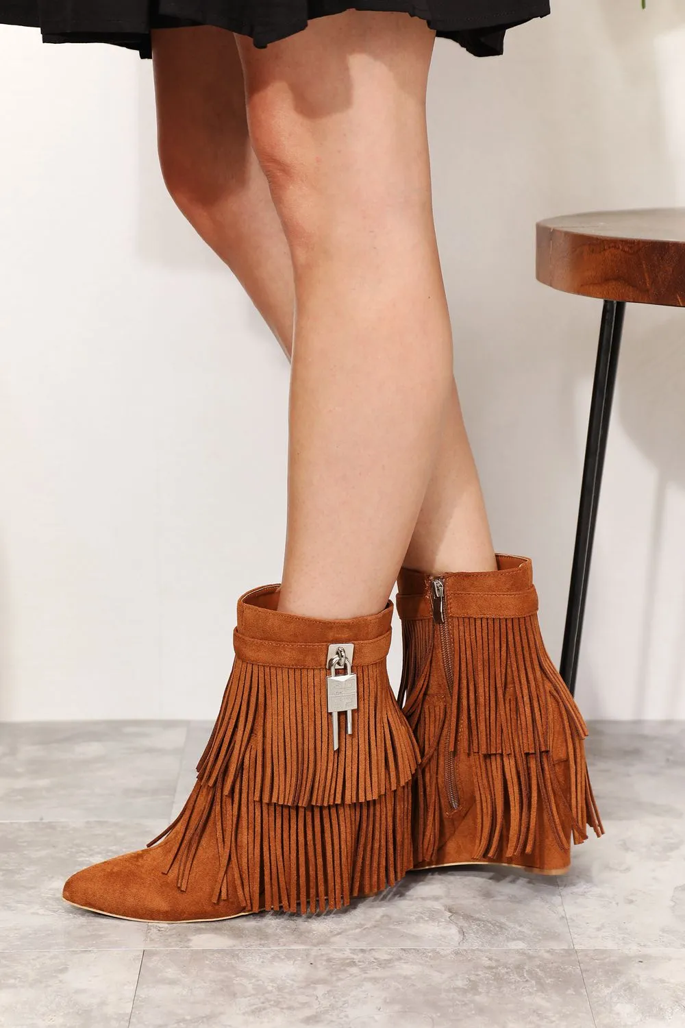 Legend Ochre Brown Tassel Wedge Heel Ankle Boots