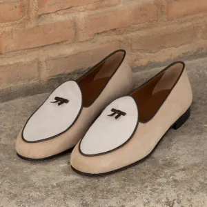 Men's Belgian Leather Slippers Wide Plus Size Brown White 2095