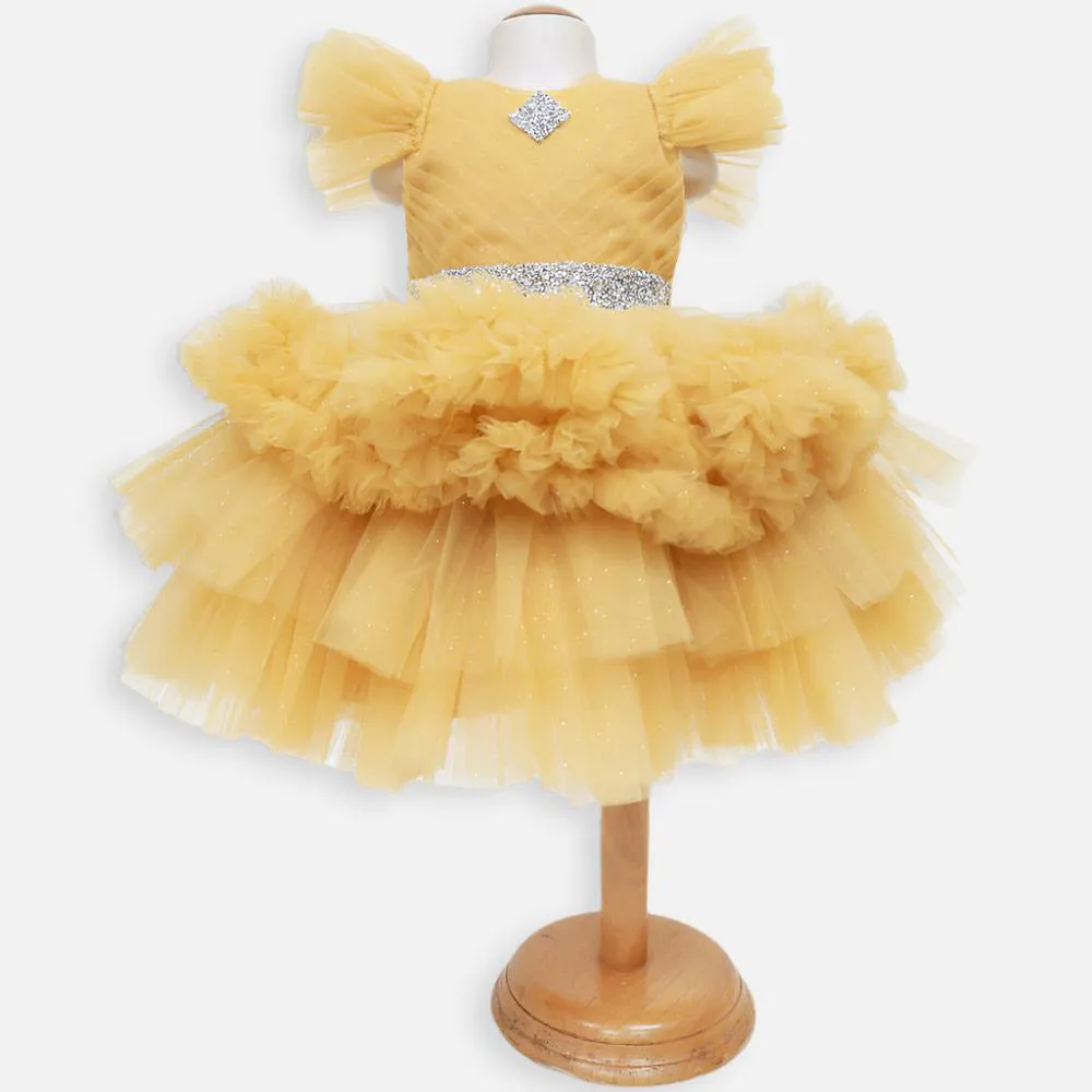 Mustard Ruffled Layered Party Dress With Detachable Tail & Headband