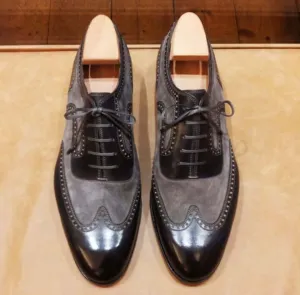 New Handmade Men's Black & Gray Brogue Leather & Suede Lace Up Dress Shoes