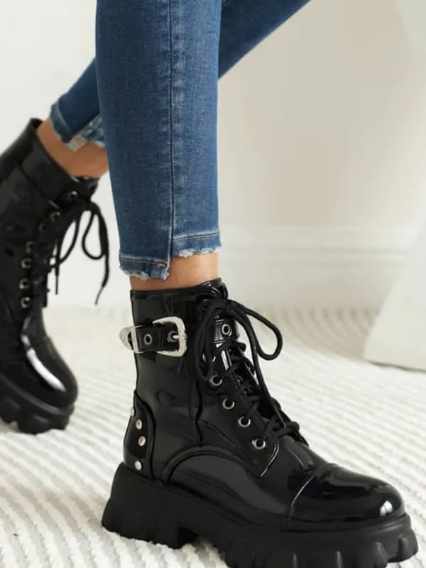 Patent Leather Round Toe Platform&Boots