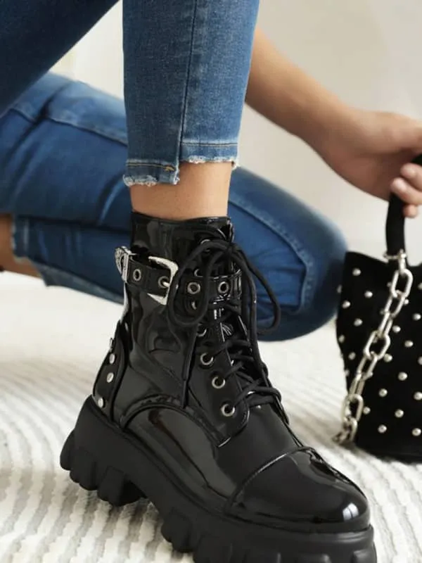 Patent Leather Round Toe Platform&Boots