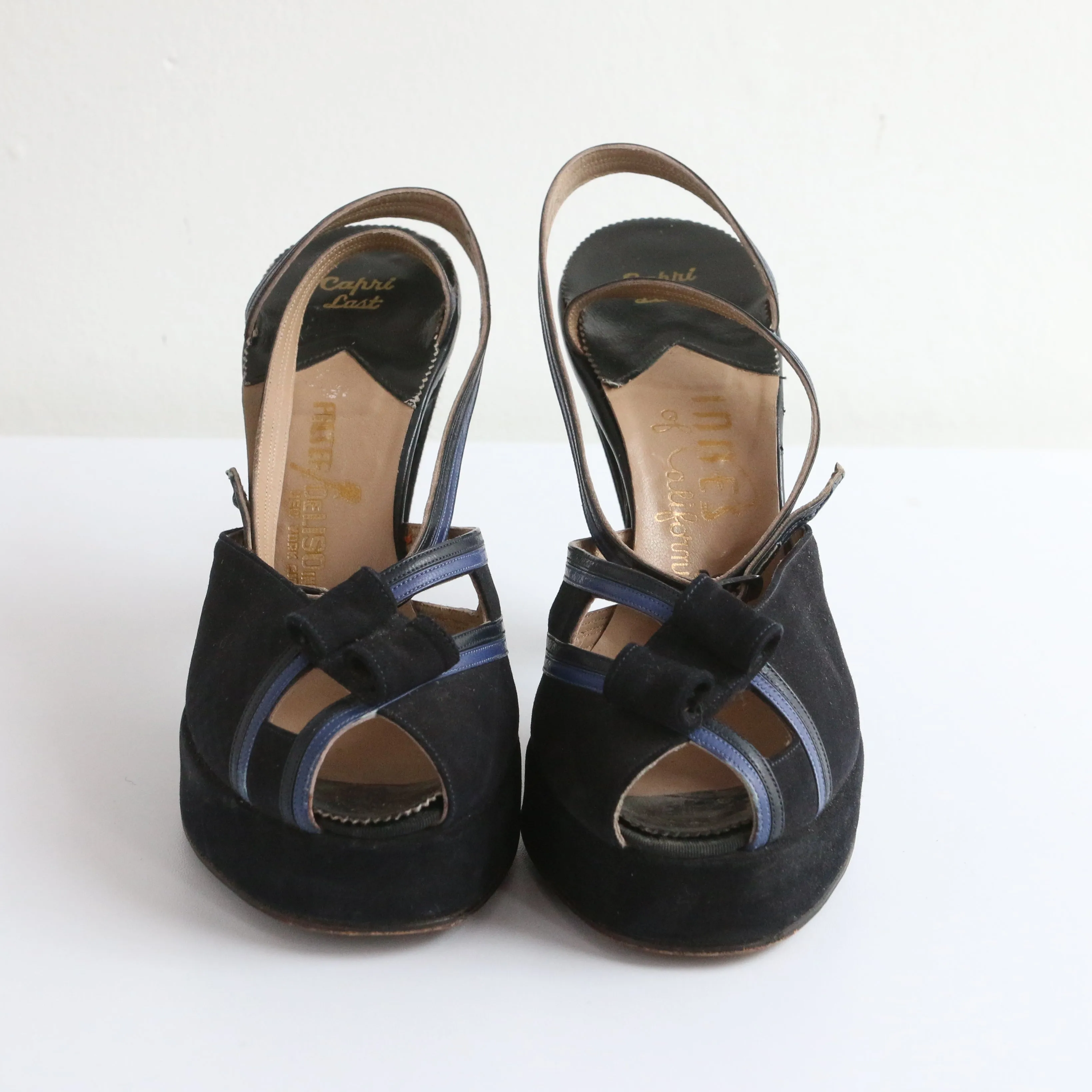 "Navy Suede & Cobalt" Vintage 1940's Blue Suede Peep Toe Platforms UK 2 EU 35 US 4