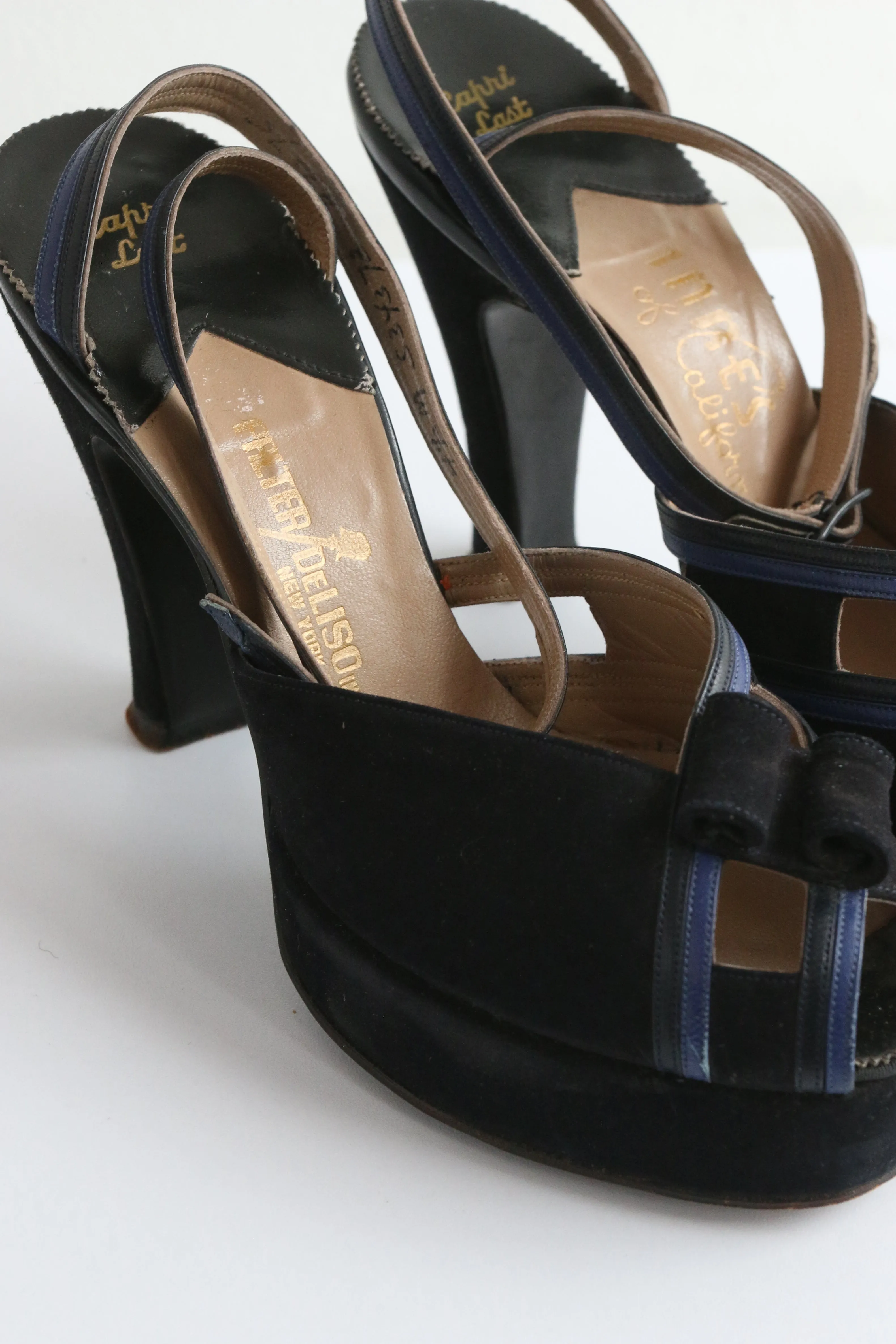 "Navy Suede & Cobalt" Vintage 1940's Blue Suede Peep Toe Platforms UK 2 EU 35 US 4