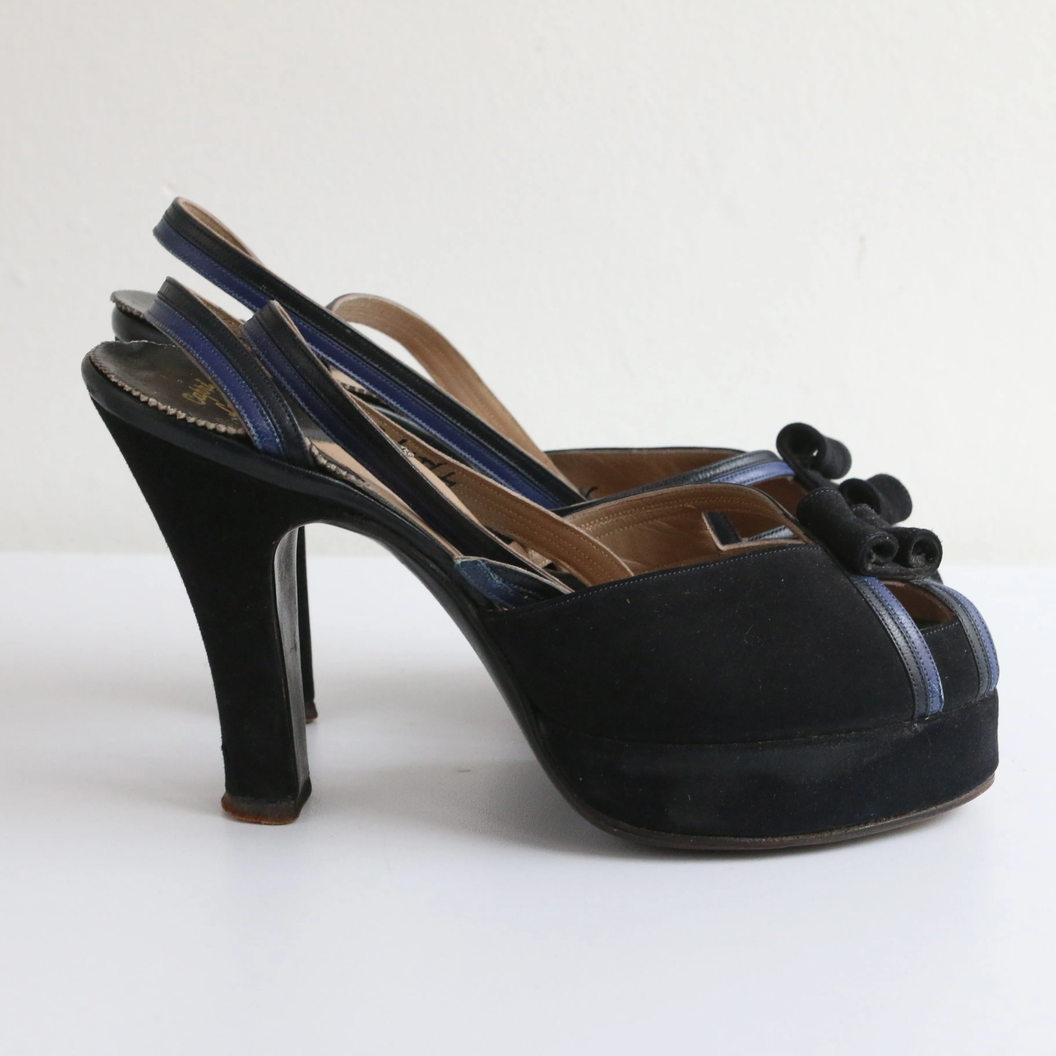 "Navy Suede & Cobalt" Vintage 1940's Blue Suede Peep Toe Platforms UK 2 EU 35 US 4