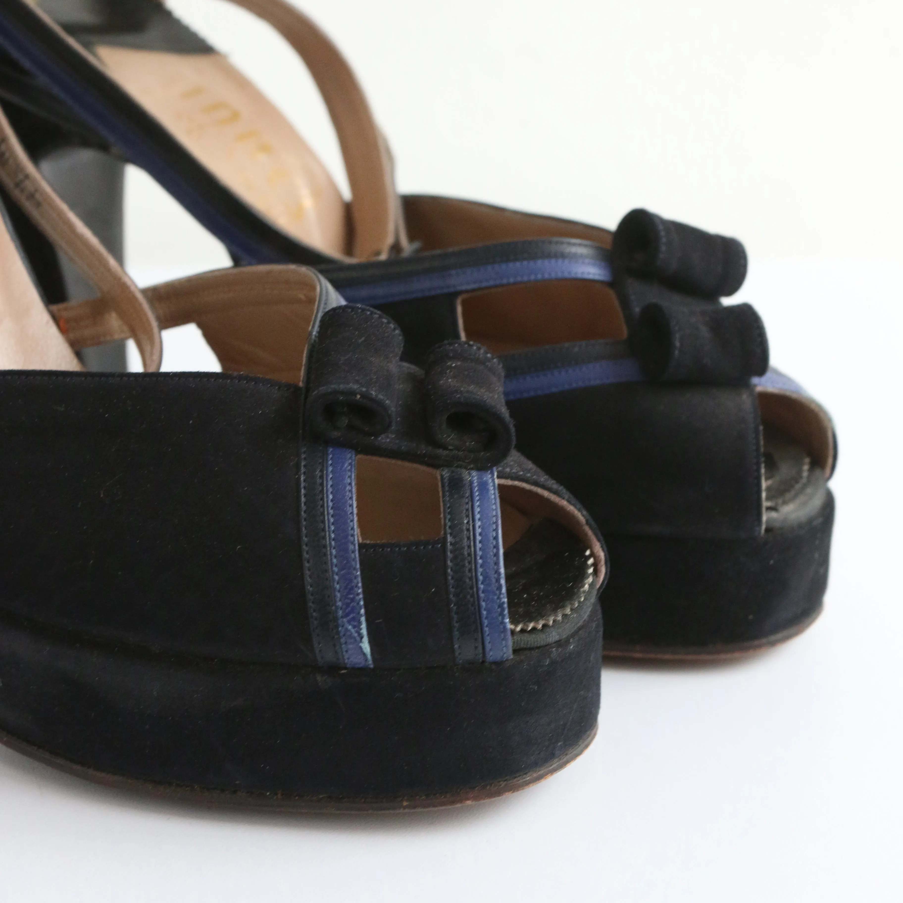 "Navy Suede & Cobalt" Vintage 1940's Blue Suede Peep Toe Platforms UK 2 EU 35 US 4