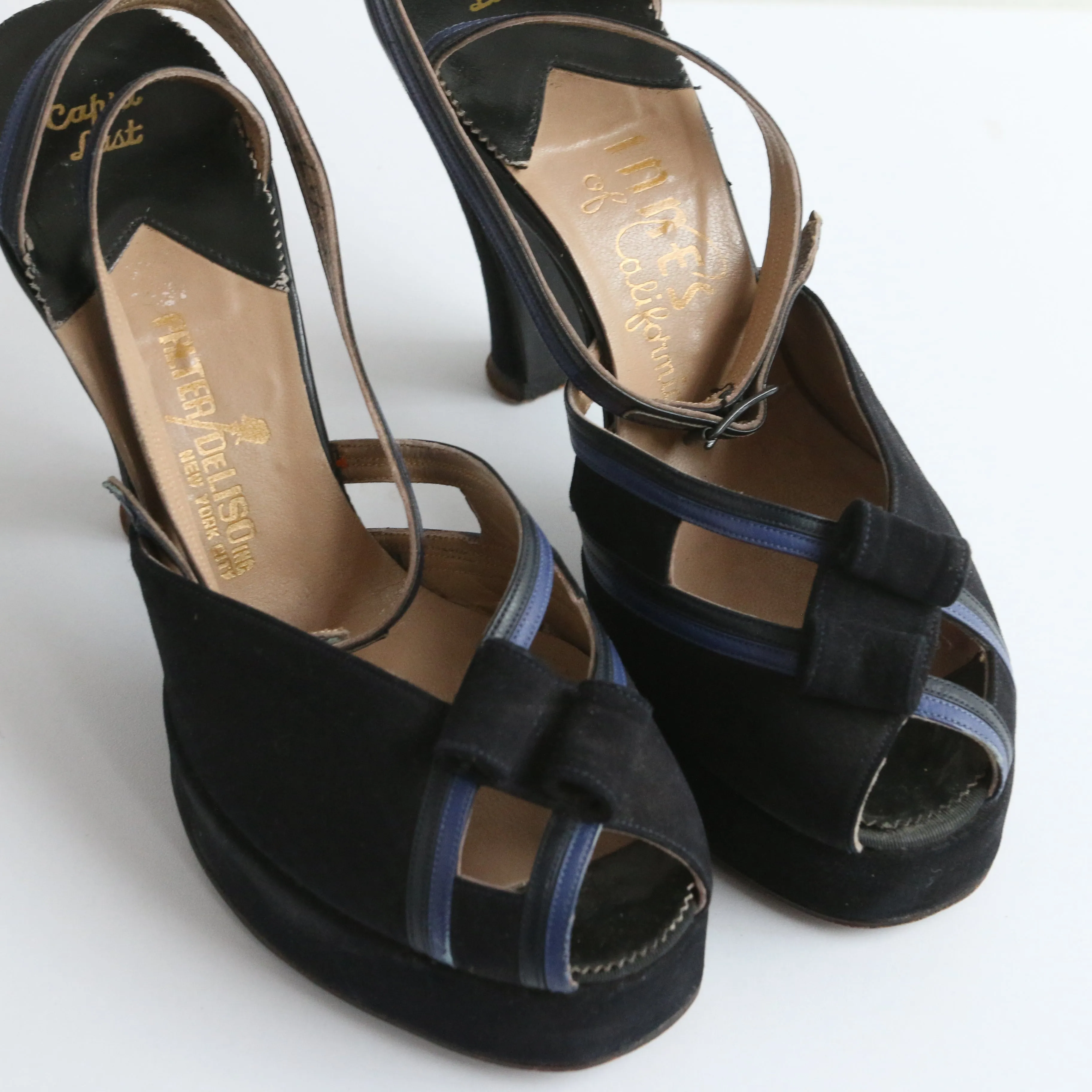 "Navy Suede & Cobalt" Vintage 1940's Blue Suede Peep Toe Platforms UK 2 EU 35 US 4