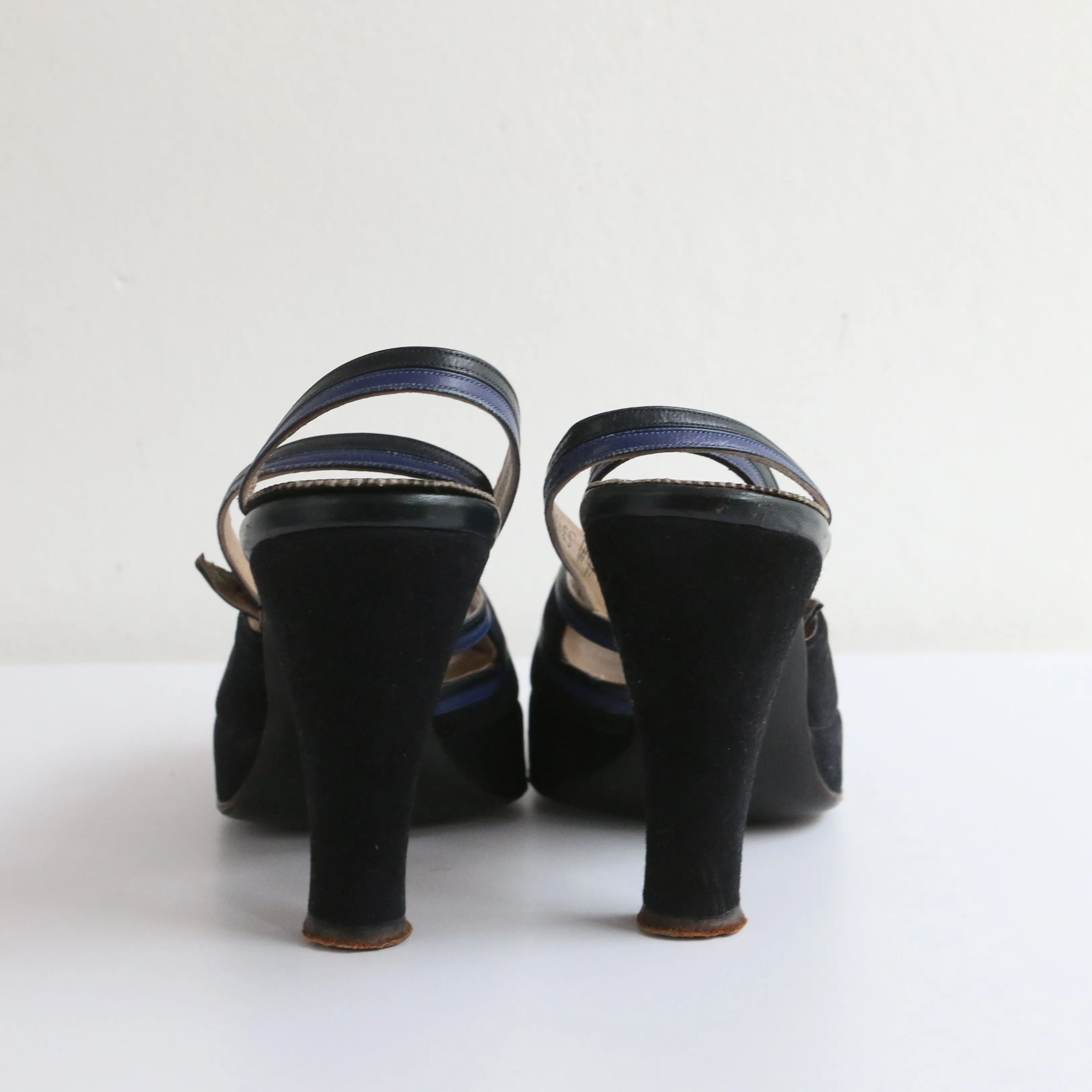 "Navy Suede & Cobalt" Vintage 1940's Blue Suede Peep Toe Platforms UK 2 EU 35 US 4