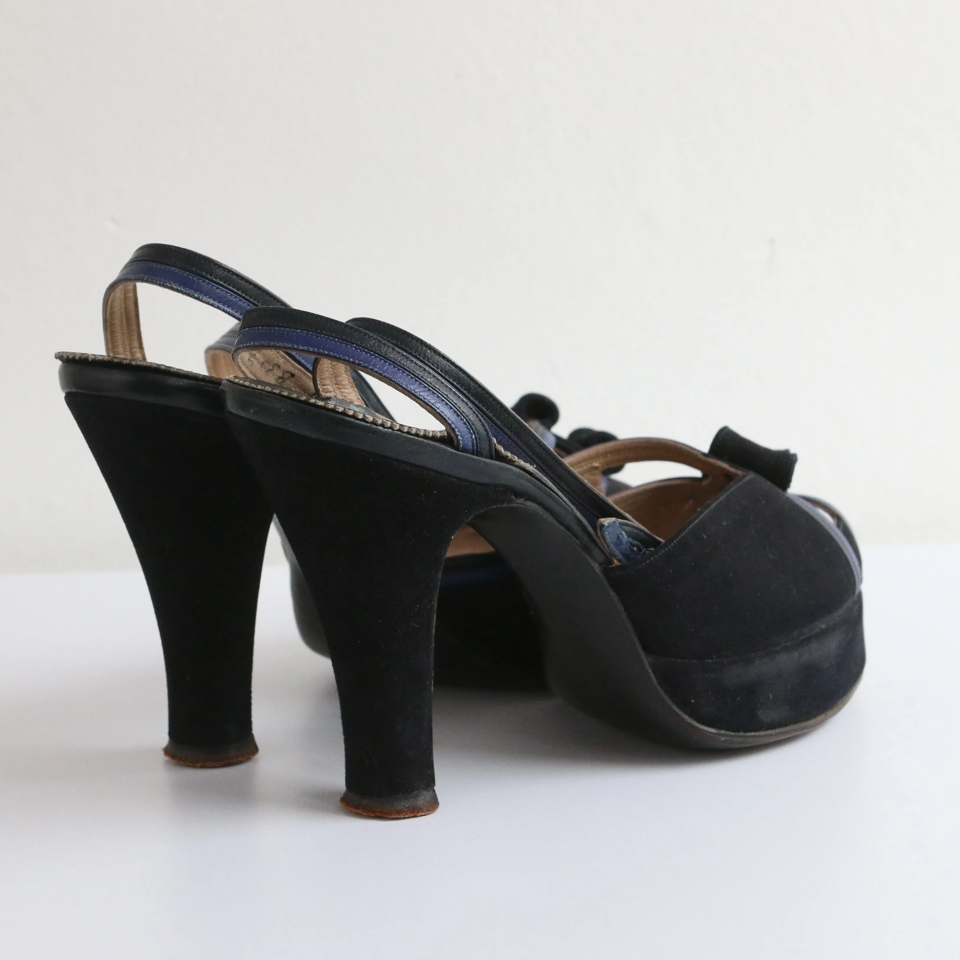 "Navy Suede & Cobalt" Vintage 1940's Blue Suede Peep Toe Platforms UK 2 EU 35 US 4