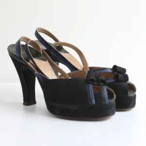 "Navy Suede & Cobalt" Vintage 1940's Blue Suede Peep Toe Platforms UK 2 EU 35 US 4