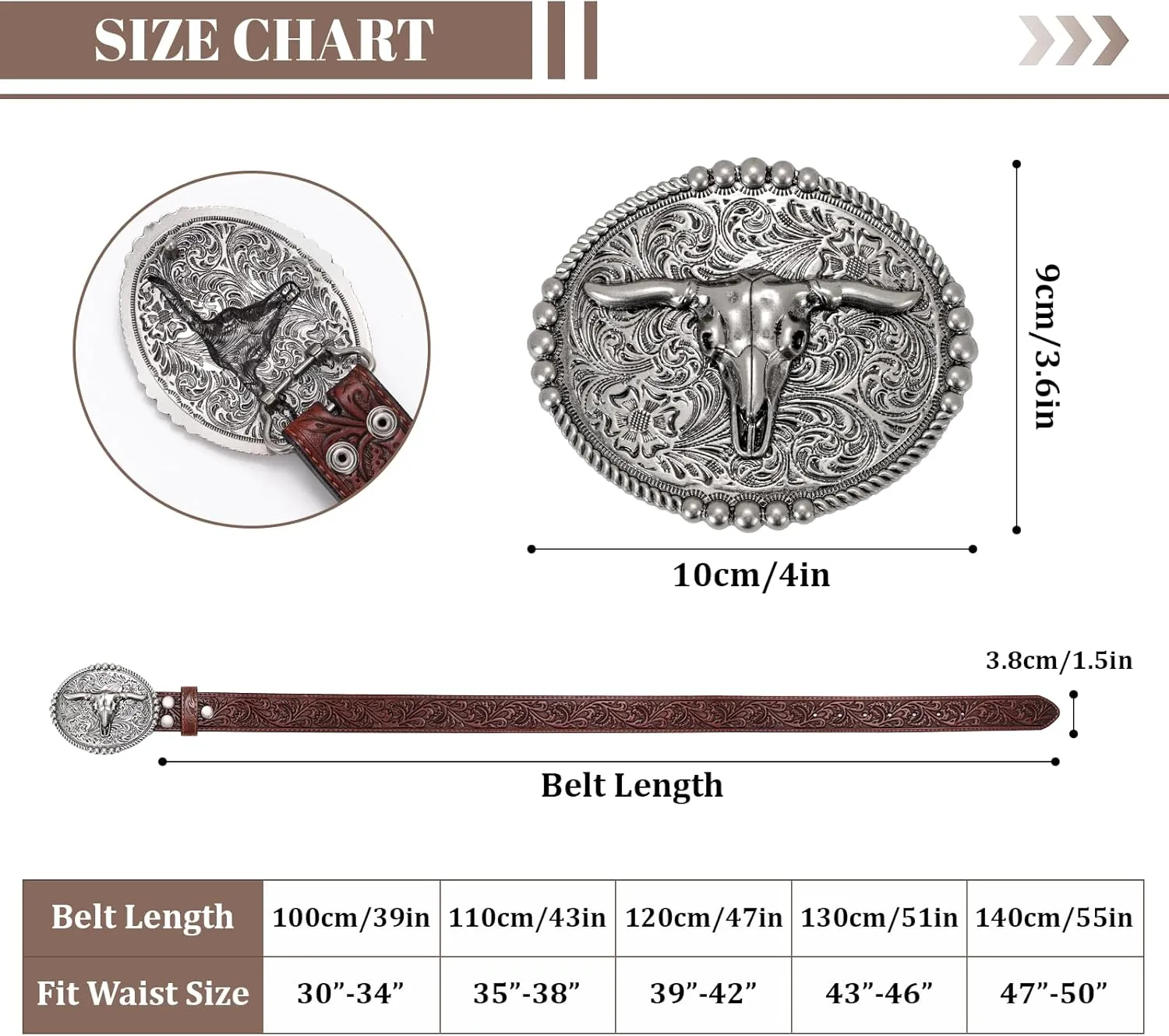 SANSTHS Cowboy Belts for Men Women, Western Leather Belt with Big Buckles Mexican Country Black Longhorn Bull Belt for Jeans