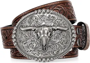 SANSTHS Cowboy Belts for Men Women, Western Leather Belt with Big Buckles Mexican Country Black Longhorn Bull Belt for Jeans