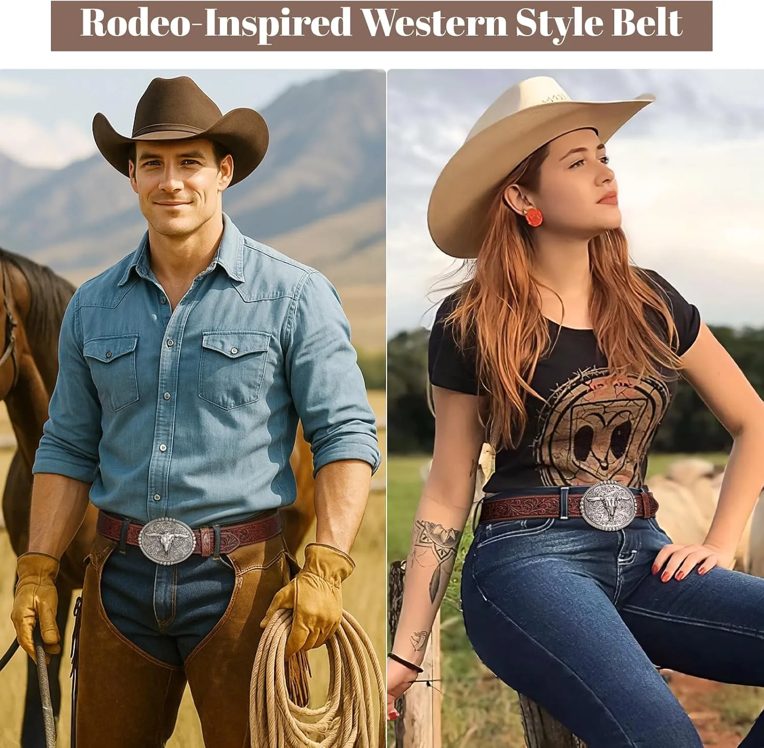 SANSTHS Cowboy Belts for Men Women, Western Leather Belt with Big Buckles Mexican Country Black Longhorn Bull Belt for Jeans