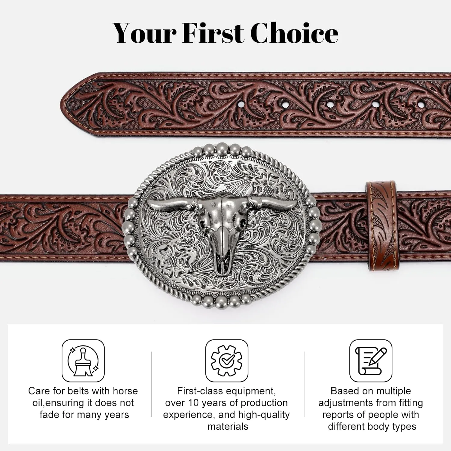 SANSTHS Cowboy Belts for Men Women, Western Leather Belt with Big Buckles Mexican Country Black Longhorn Bull Belt for Jeans