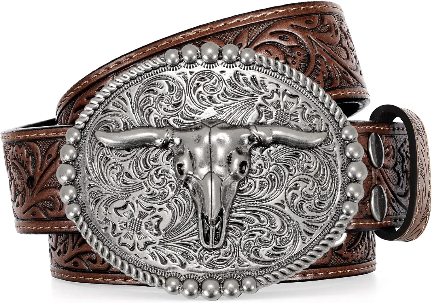 SANSTHS Cowboy Belts for Men Women, Western Leather Belt with Big Buckles Mexican Country Black Longhorn Bull Belt for Jeans