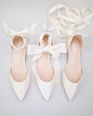 Satin Pointy Toe Bridal Flats with Ribbon Tie or Pearls Strap