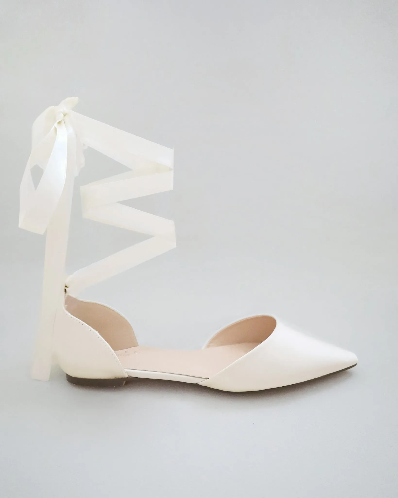 Satin Pointy Toe Bridal Flats with Ribbon Tie or Pearls Strap