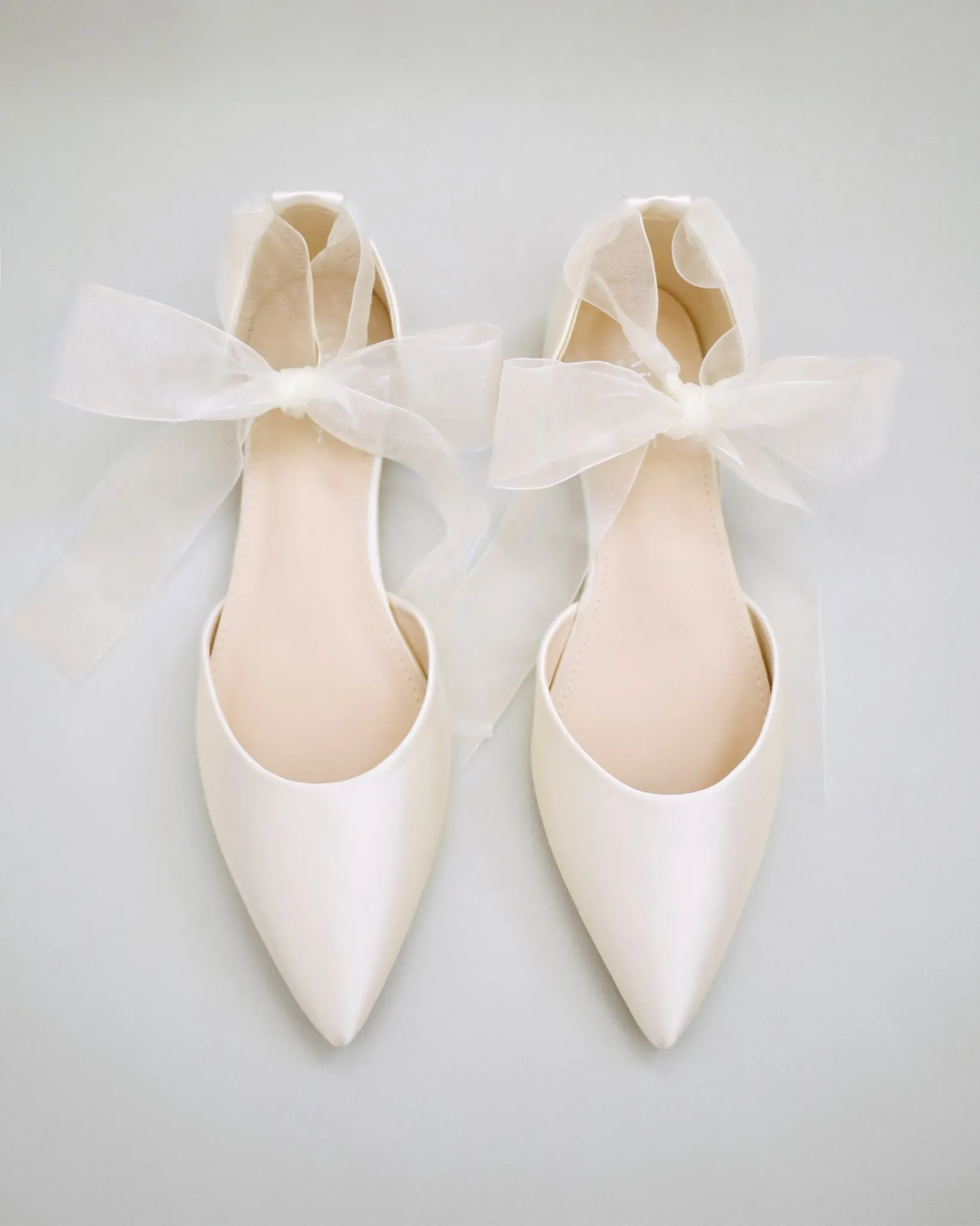 Satin Pointy Toe Bridal Flats with Ribbon Tie or Pearls Strap