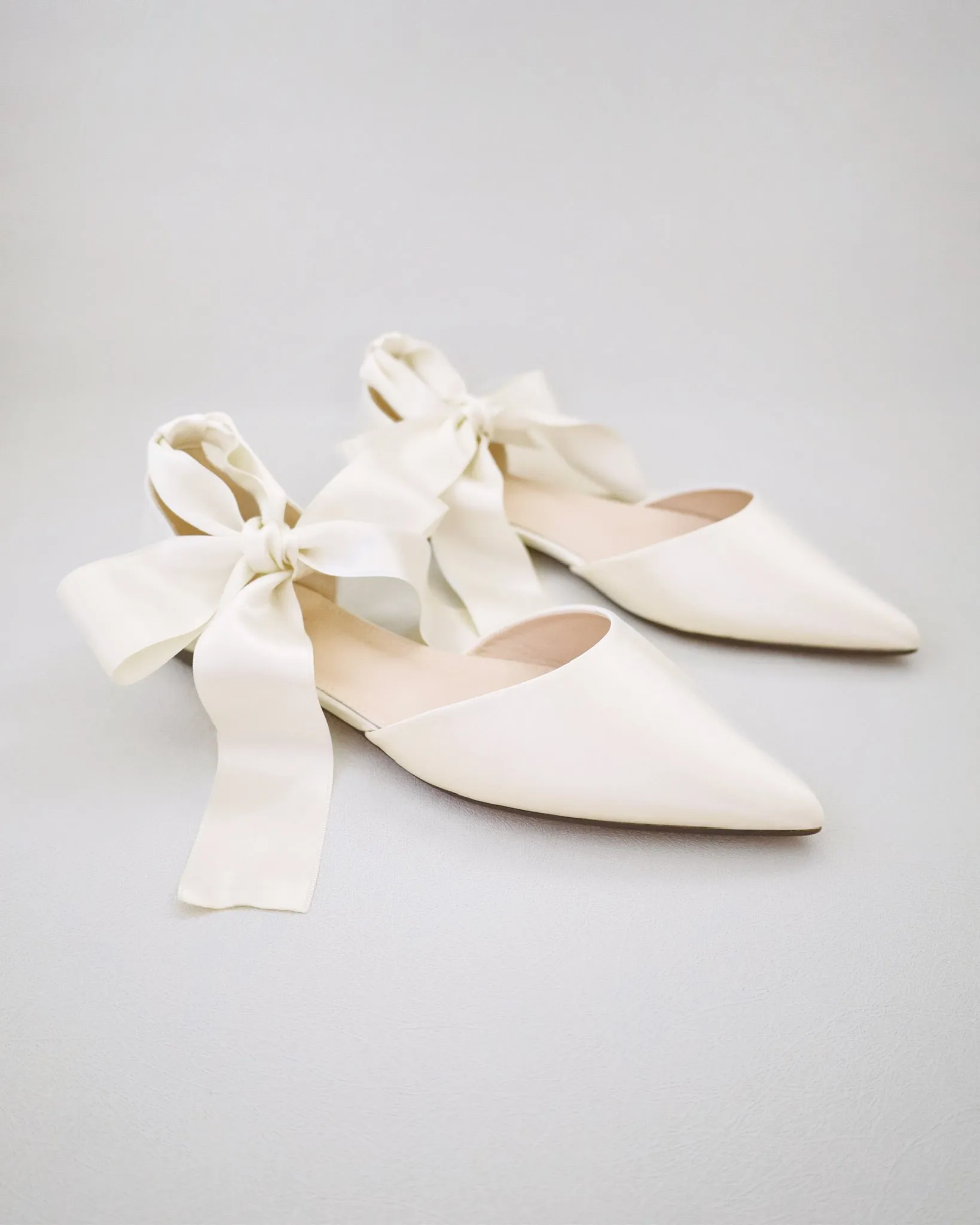 Satin Pointy Toe Bridal Flats with Ribbon Tie or Pearls Strap