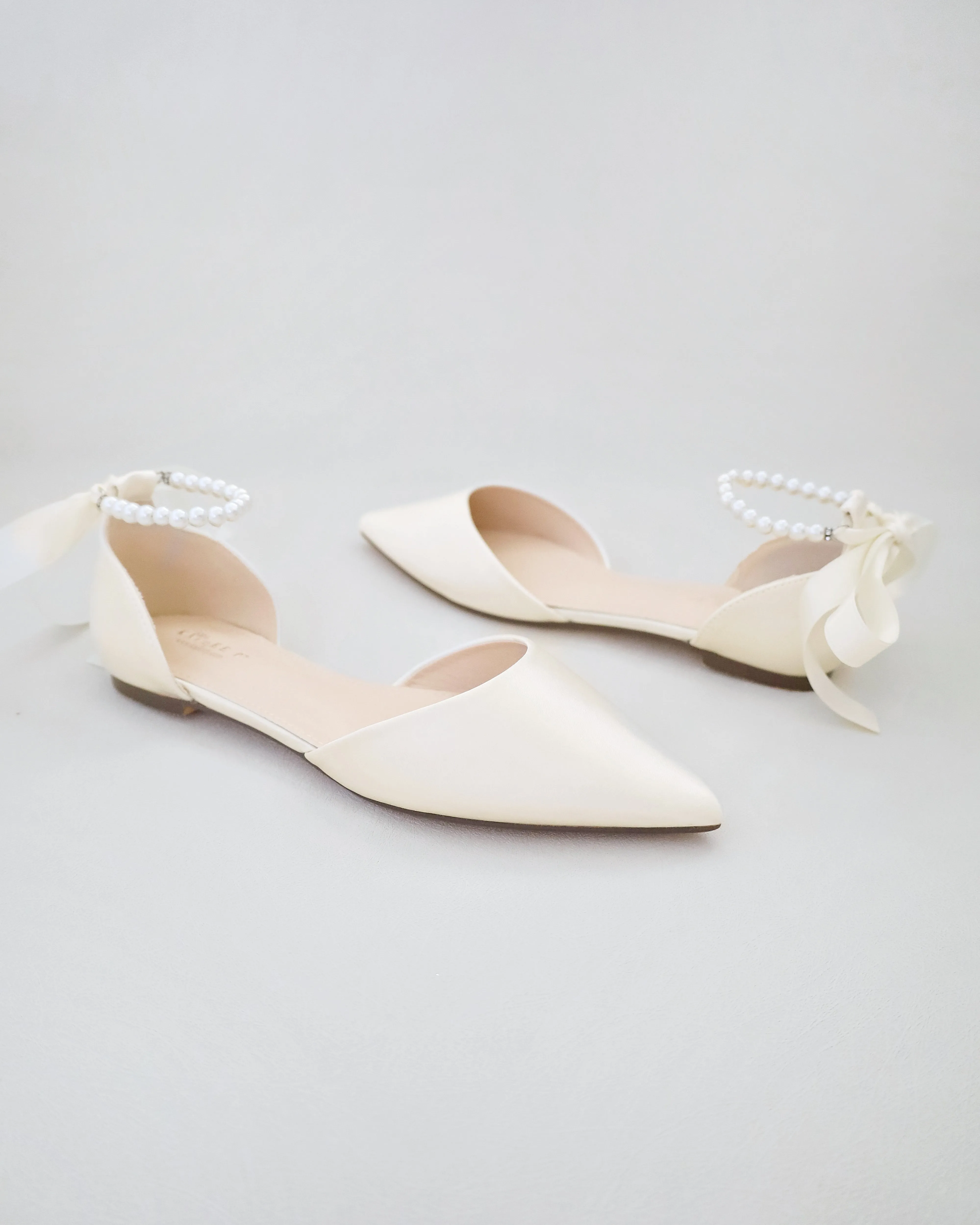 Satin Pointy Toe Bridal Flats with Ribbon Tie or Pearls Strap