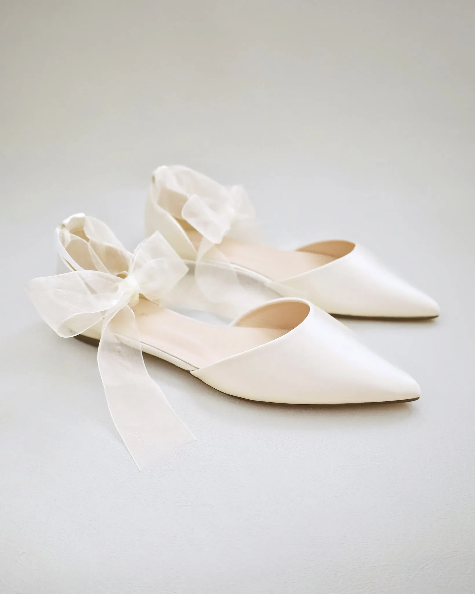 Satin Pointy Toe Bridal Flats with Ribbon Tie or Pearls Strap