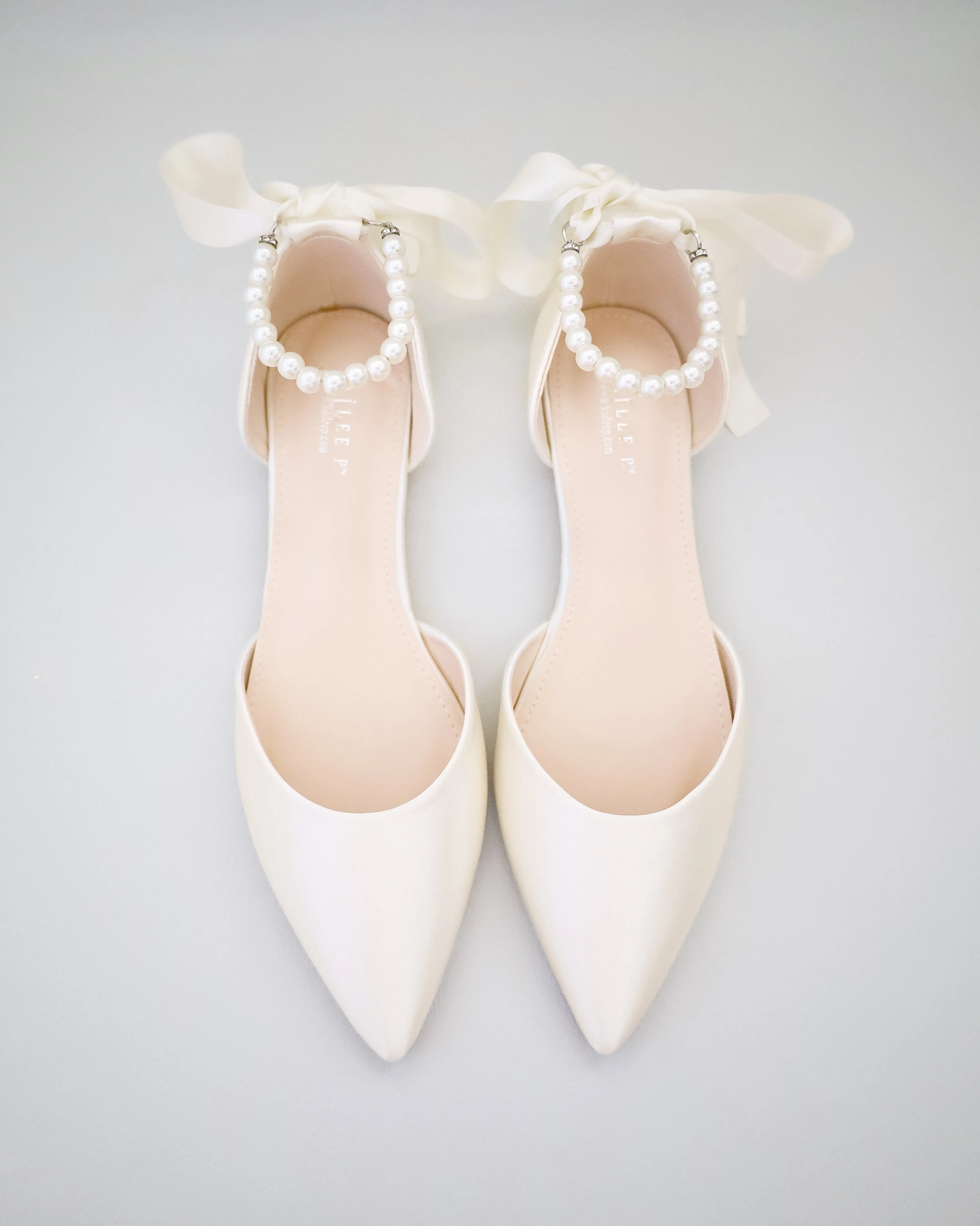 Satin Pointy Toe Bridal Flats with Ribbon Tie or Pearls Strap