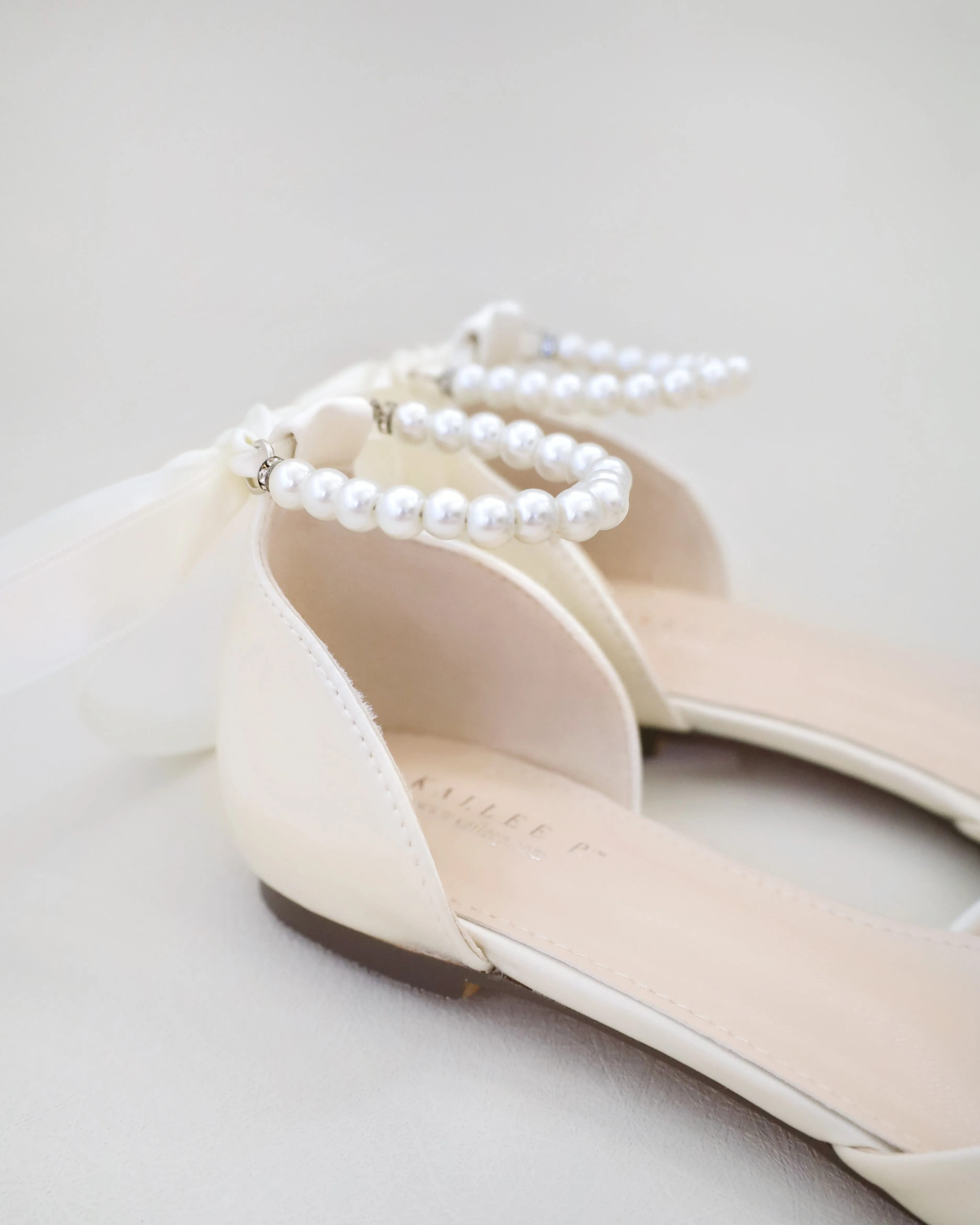Satin Pointy Toe Bridal Flats with Ribbon Tie or Pearls Strap